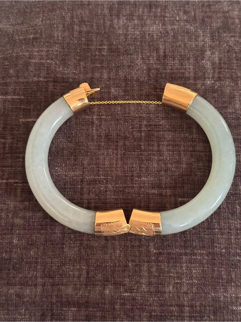 Vintage 14K Yellow Gold, Engraved Hinge and Plunger Clasp Jadeite Jade Bangle